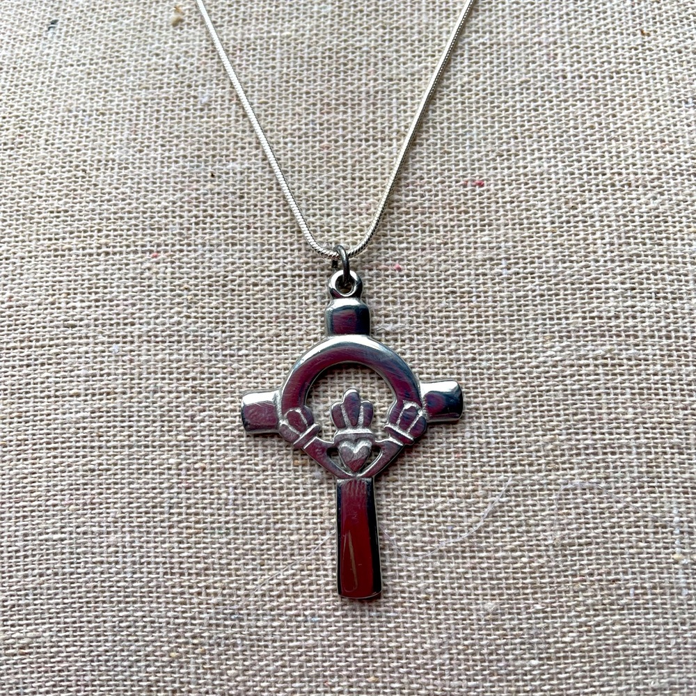 Pewter Celtic Cross Claddagh Pendant on Sterling Silver chain